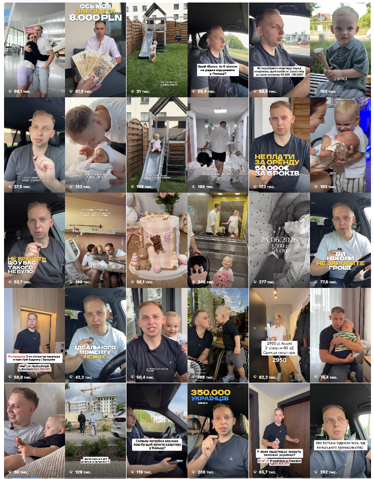 Сітка Instagram Reels @navimigrant.pl — від 30K до 350K переглядів на відео