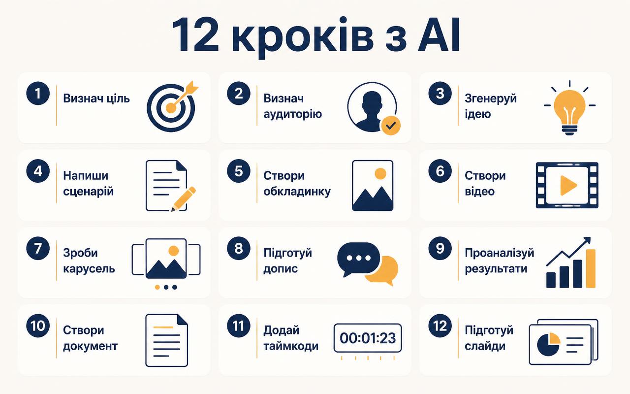 Схема: 12 кроків роботи з AI у блозі